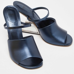 Fendi Metallic Blue Leather Fendi First Slide Sandals Size 39