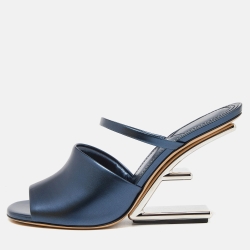 Fendi Metallic Blue Leather Fendi First Slide Sandals Size 39