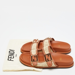 Pre Owned Fendi Beige/Brown Woven Raffia and Leather FF Buckle Slides Size 37