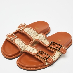 Pre Owned Fendi Beige/Brown Woven Raffia and Leather FF Buckle Slides Size 37