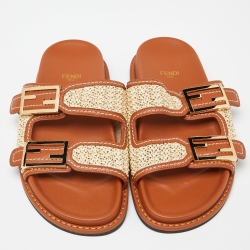 Pre Owned Fendi Beige/Brown Woven Raffia and Leather FF Buckle Slides Size 37