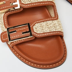 Pre Owned Fendi Beige/Brown Woven Raffia and Leather FF Buckle Slides Size 37