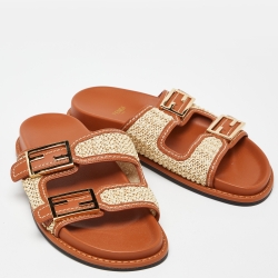 Pre Owned Fendi Beige/Brown Woven Raffia and Leather FF Buckle Slides Size 37