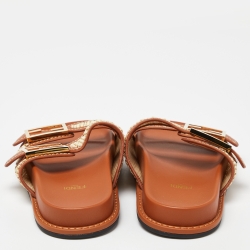 Pre Owned Fendi Beige/Brown Woven Raffia and Leather FF Buckle Slides Size 37
