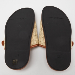 Pre Owned Fendi Beige/Brown Woven Raffia and Leather FF Buckle Slides Size 37