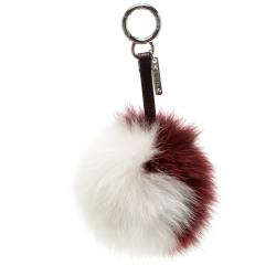 Fendi White/Burgundy Fox Fur Pom Pom Bag Charm