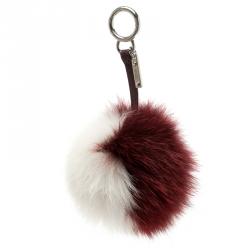 Fendi White/Burgundy Fox Fur Pom Pom Bag Charm