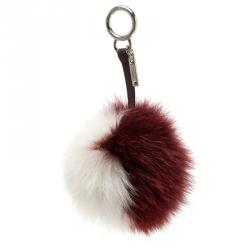 Pre Owned Fendi White/Burgundy Fox Fur Pom Pom Bag Charm
