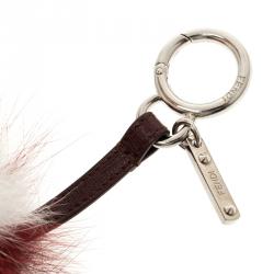 Pre Owned Fendi White/Burgundy Fox Fur Pom Pom Bag Charm