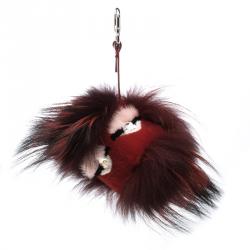 Pre Owned Fendi Red Fur Crystal Monster Bag Charm