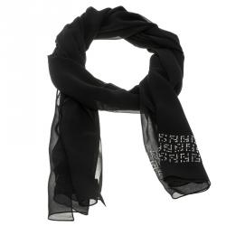 Pre Owned Fendi Black Silk Rhinestone Zucca Border Detail Scarf