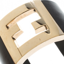 مملوكة مسبقًا Fendi Black Leather Gold Tone Wide Open Cuff Bracelet