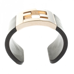 مملوكة مسبقًا Fendi Black Leather Gold Tone Wide Open Cuff Bracelet