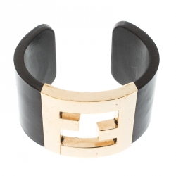 مملوكة مسبقًا Fendi Black Leather Gold Tone Wide Open Cuff Bracelet