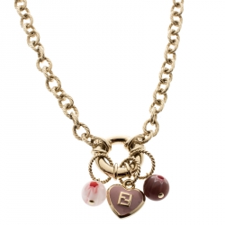 مملوكة مسبقًا Fendi Enamel Heart Gold Tone Charm Necklace