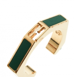 Pre Owned Fendi Polished Green Gold Tone Baguette Ring Size 52.5