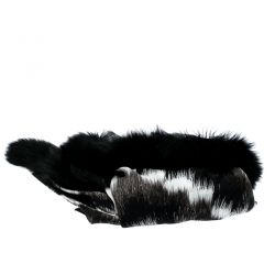 Pre Owned Fendi Black and Grey Printed Silk Fox Fur Trim Detail Wrap Scarf