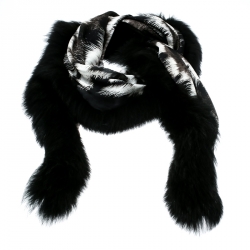 Pre Owned Fendi Black and Grey Printed Silk Fox Fur Trim Detail Wrap Scarf