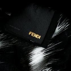 Pre Owned Fendi Black and Grey Printed Silk Fox Fur Trim Detail Wrap Scarf