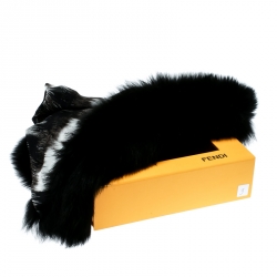 Pre Owned Fendi Black and Grey Printed Silk Fox Fur Trim Detail Wrap Scarf