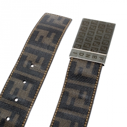 Pre Owned Fendi Tobacco Zucca Coated Canvas Reversible Buckle Belt 90 CM
