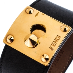 Pre Owned Fendi Goldmine Black Leather Gold Tone Wide Bracelet