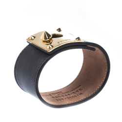 Pre Owned Fendi Goldmine Black Leather Gold Tone Wide Bracelet