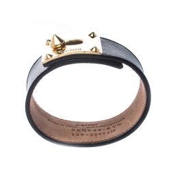 Pre Owned Fendi Goldmine Black Leather Gold Tone Wide Bracelet