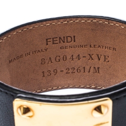 Pre Owned Fendi Goldmine Black Leather Gold Tone Wide Bracelet