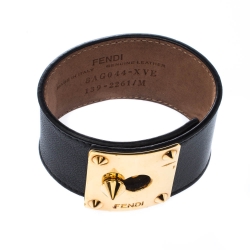 Pre Owned Fendi Goldmine Black Leather Gold Tone Wide Bracelet