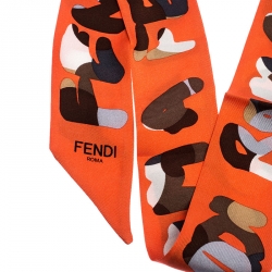 Pre Owned Fendi Orange Printed Silk Roma Tangerine Bandeau Scarf