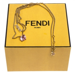 مملوكة مسبقًا Fendi Gold Tone Pink Stone Logo Name Crystal Embellished Necklace