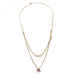 مملوكة مسبقًا Fendi Gold Tone Pink Stone Logo Name Crystal Embellished Necklace