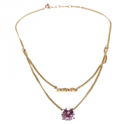 مملوكة مسبقًا Fendi Gold Tone Pink Stone Logo Name Crystal Embellished Necklace