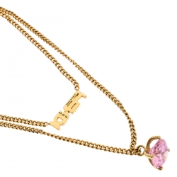 مملوكة مسبقًا Fendi Gold Tone Pink Stone Logo Name Crystal Embellished Necklace