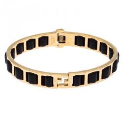 Fendi Black Leather Gold Tone Chain Link Woven Bracelet S