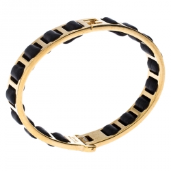 Fendi Black Leather Gold Tone Chain Link Woven Bracelet S