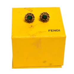 Pre Owned Fendi Flower Green Inlay Rose Gold Tone Stud Earrings