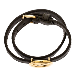 Pre Owned Fendi F Is Fendi Green Leather Gold Tone Double Wrap Bracelet M