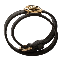 Pre Owned Fendi F Is Fendi Green Leather Gold Tone Double Wrap Bracelet M