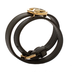 Pre Owned Fendi F Is Fendi Green Leather Gold Tone Double Wrap Bracelet M