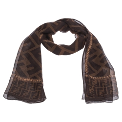 Pre Owned وشاح فندي حرير مونوغرامي بني زوكا