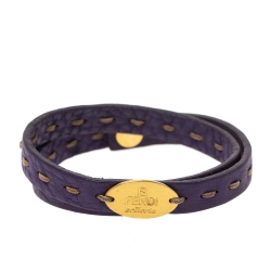 Pre Owned Fendi Selleria Purple Leather Gold Tone Double Wrap Bracelet