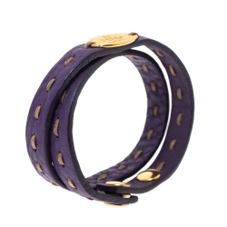 Pre Owned Fendi Selleria Purple Leather Gold Tone Double Wrap Bracelet