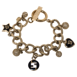 Fendi Gold Tone Multi Charms Toggle Bracelet