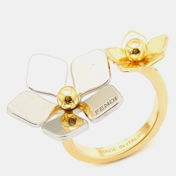 Pre Owned Fendi Two Tone Flower Motif Open Ring Size 52.5