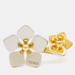 Pre Owned Fendi Two Tone Flower Motif Open Ring Size 52.5