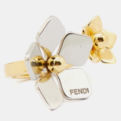 Pre Owned Fendi Two Tone Flower Motif Open Ring Size 52.5