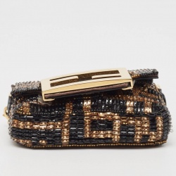 Pre Owned Fendi Black/Gold FF Beaded Nano Baguette Charm 