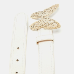 Pre Owned Fendi White Leather Butterfly Buckle Belt 90 CM